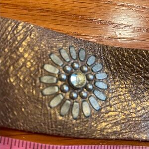 Calleen Cordero Sz 34 Bronze-Gold Leather Belt Brass Buckle Crystal Flowers Boho